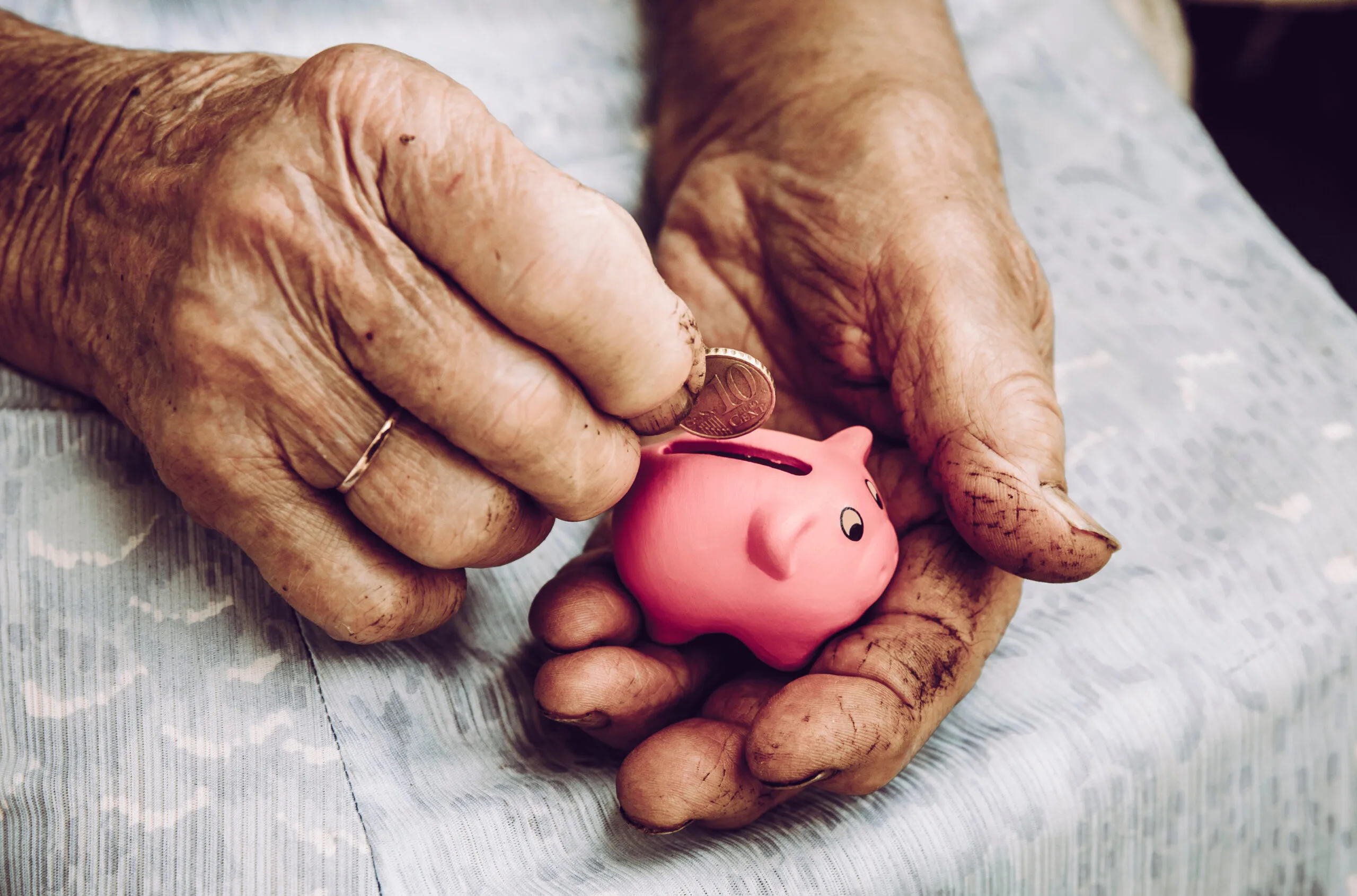 Close up view of old dirty rough elderly retired woman hands holding tiny pink piggy bank. Small pension concept.